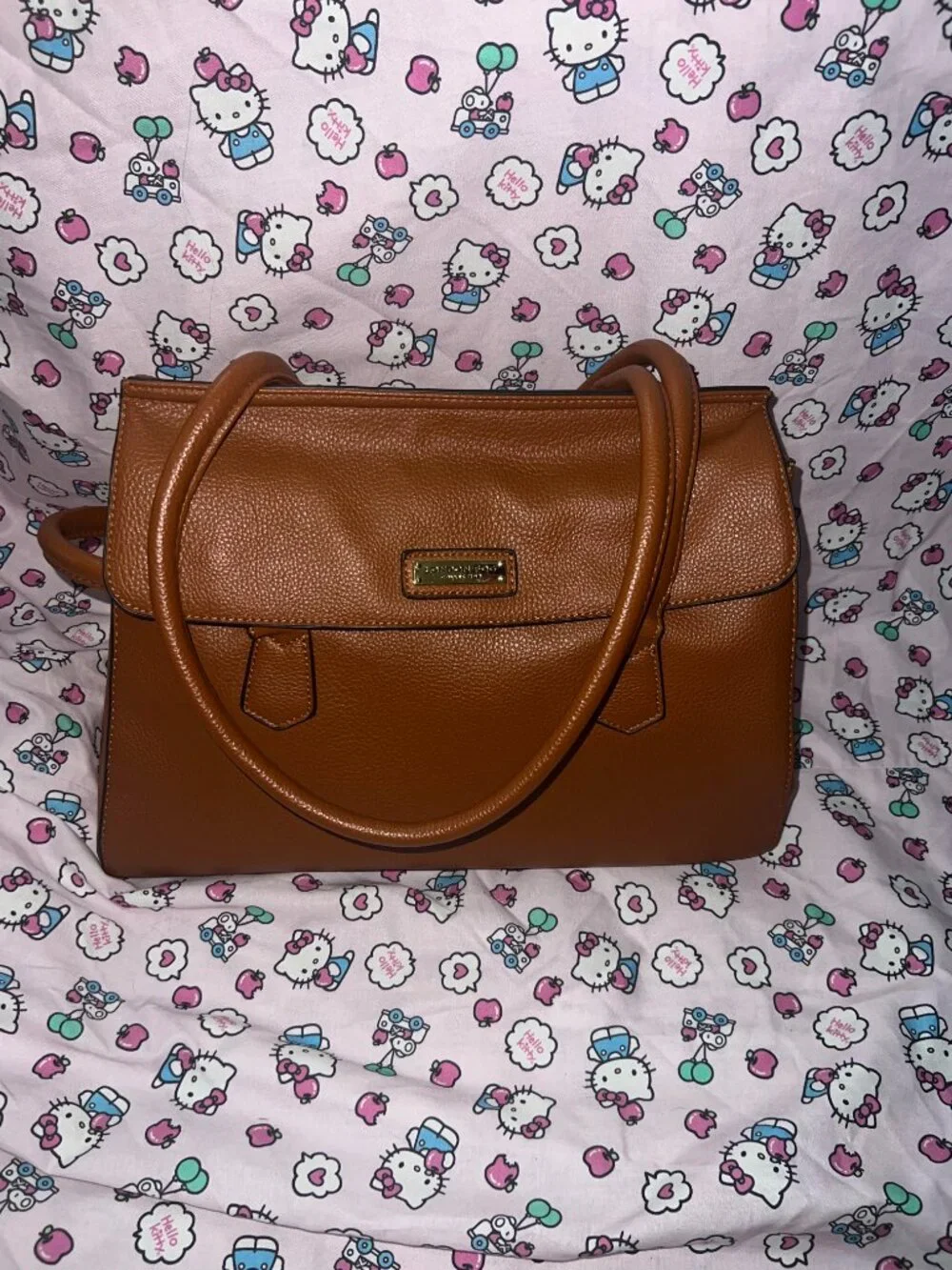 London Fog Collection Cognac Brown Pebbled Shoulder Bag Multi Pocket Tote
